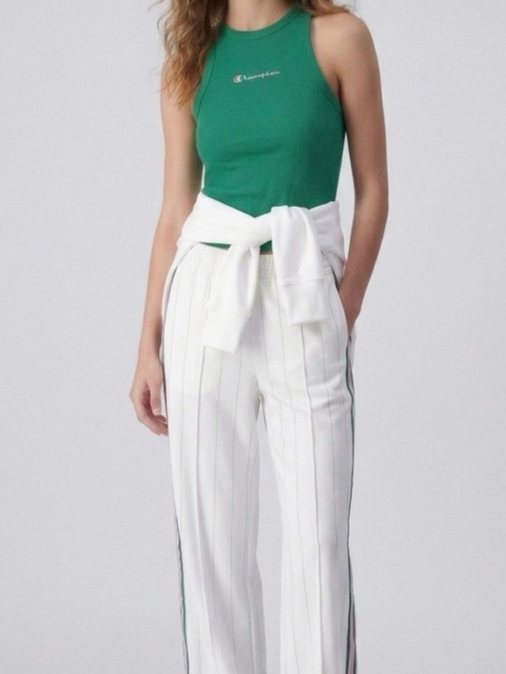 Champion White Satin Pinstripe Track Pants with Pink & Green Side Tape